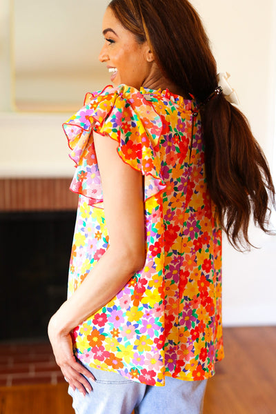 Flower Power Ivory & Red Floral Mock Neck Flutter Sleeve Top - Online Only!