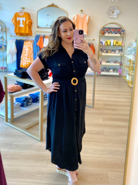 Black Collared Button Down Belted Midi Dress