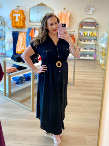 Black Collared Button Down Belted Midi Dress