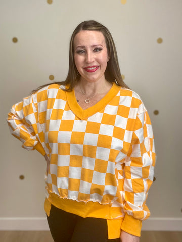 Oversized Orange Checkered Distressed Sweatshirt