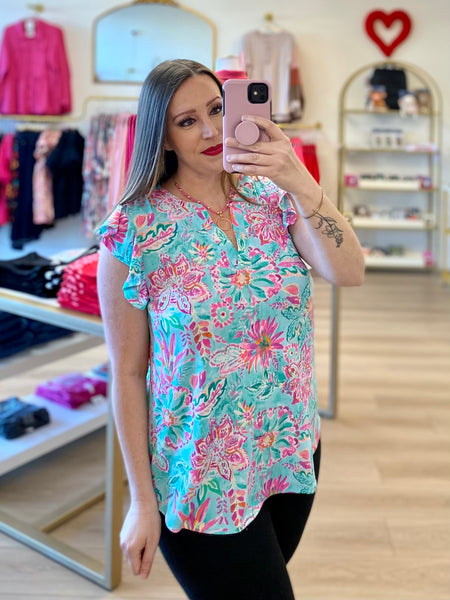 Mint Floral Flutter Sleeve Top