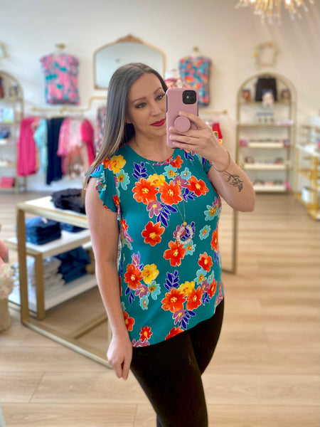 FINAL SALE Teal Multi Floral Print Top