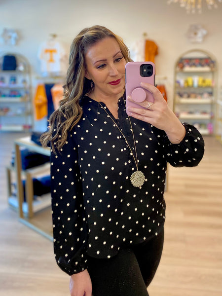Black Polka Dot Button Top