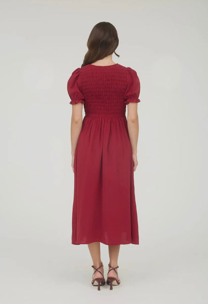 Wine Smocked Tie Puff Sleeve Midi Dress