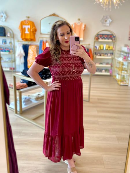 Wine Detailed Smocked Puff Sleeve Midi Dress