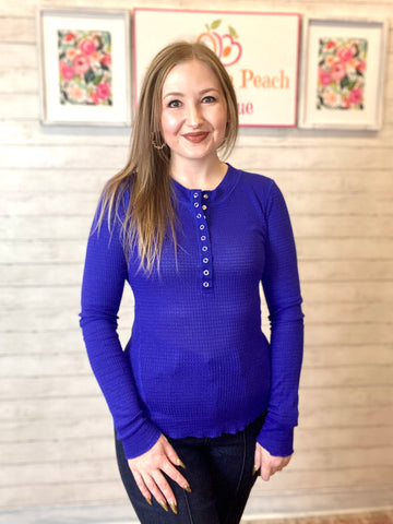 FINAL SALE Blue Waffle Button Snap Top