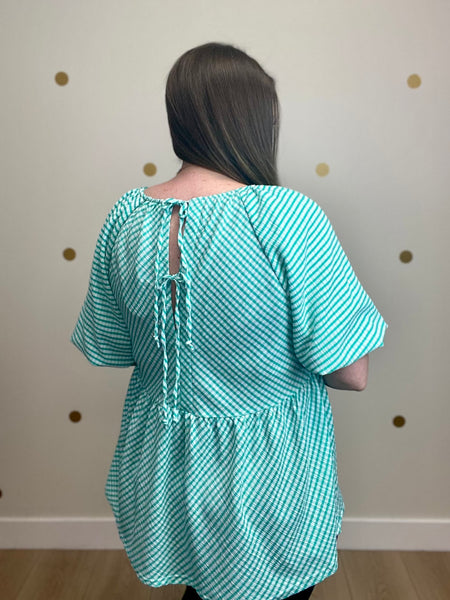 FINAL SALE Umgee Turquoise Checkered Tie Back Top