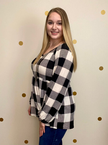 FINAL SALE Black & Ivory Buffalo Plaid Peplum Top