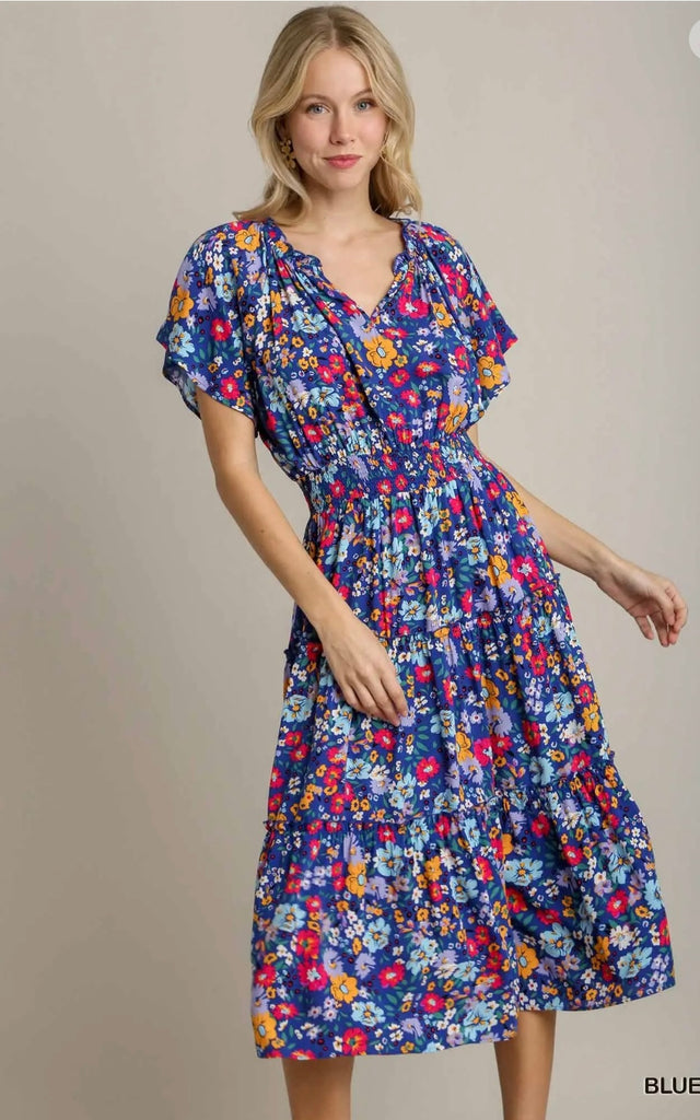Umgee Blue Floral Tiered Dress