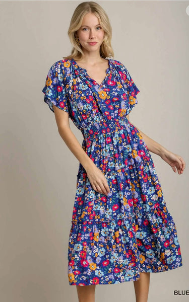 Umgee Blue Floral Tiered Dress