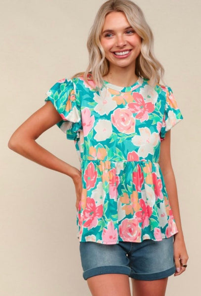 FINAL SALE Mint Floral Ruffle Sleeve Top