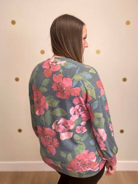 Hunter Green Floral Brushed Hacci Top