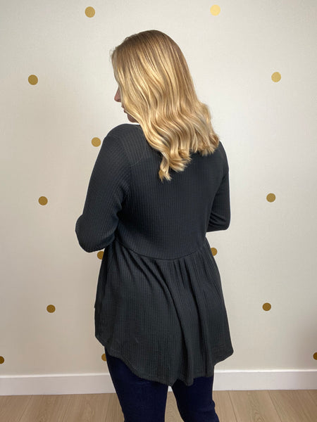 Black Button Peplum Waffle Top