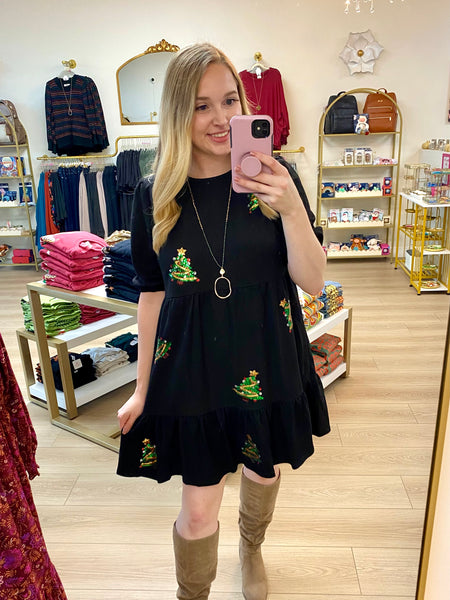 FINAL SALE Umgee Black Christmas Tree Detail Dress