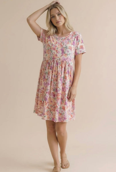 Peach Floral Babydoll Pocket Dress