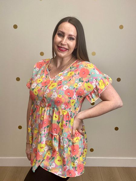 FINAL SALE Pink Floral Tiered Ruffle Sleeve Top