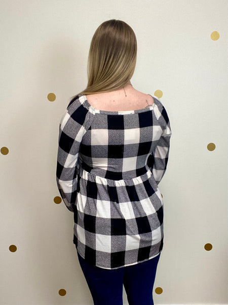 FINAL SALE Black & Ivory Buffalo Plaid Peplum Top