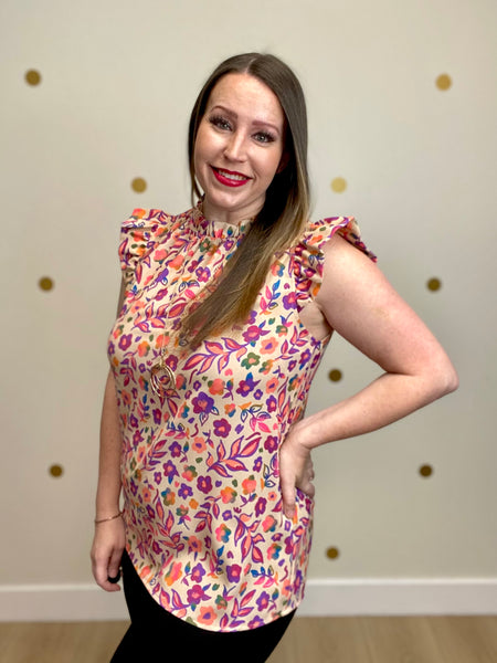 FINAL SALE Multicolor Floral Flutter Sleeve Top