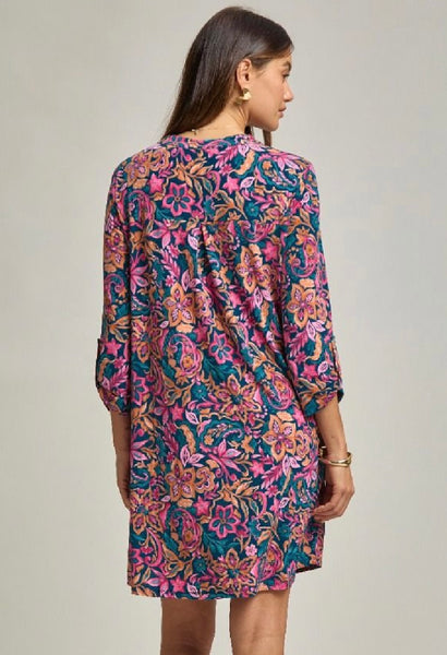 Teal Floral Print Pocket Dress