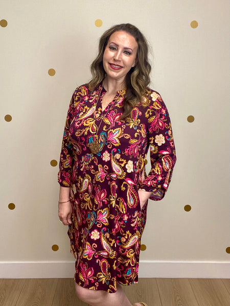 Wine Multi Paisley Pocket Dress