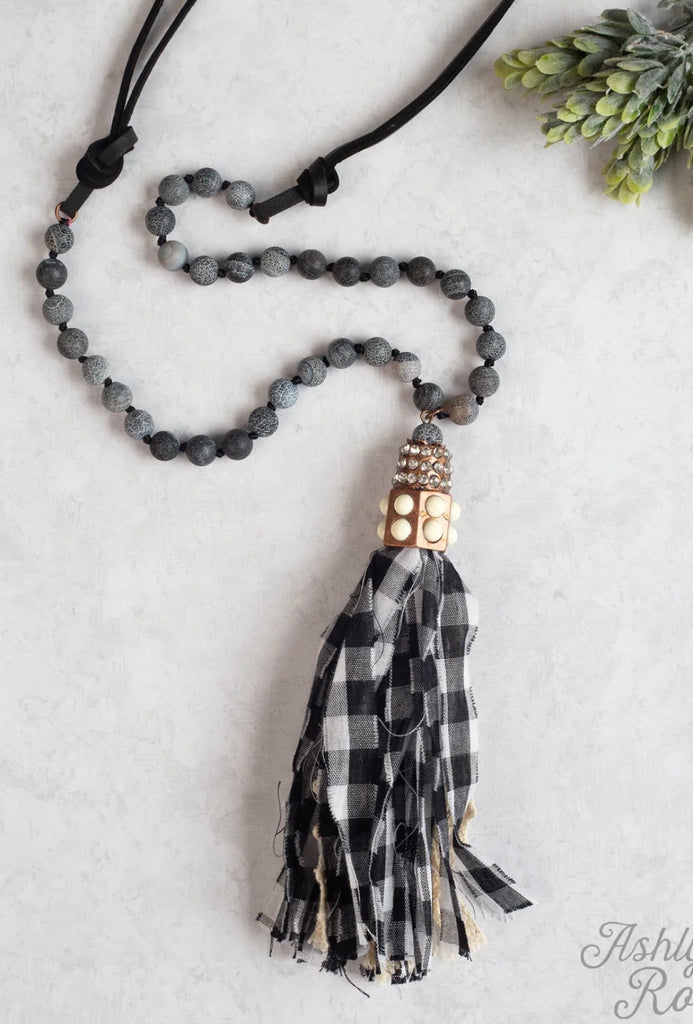 Black & White Buffalo Plaid Tassel Necklace