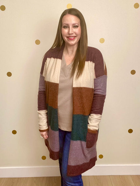 Multicolor Color Block Pocket Cardigan