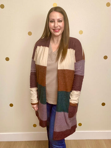 Multicolor Color Block Pocket Cardigan