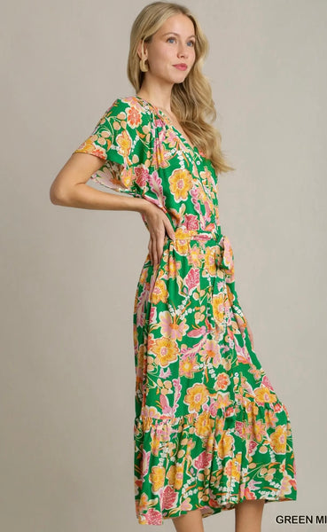 Umgee Green Floral Button Tie Dress