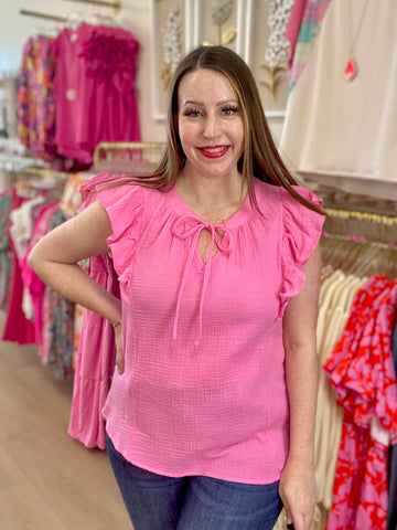 FINAL SALE Pink Cotton Crinkle Flutter Sleeve Top