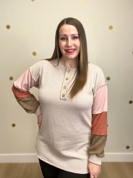 Oatmeal Button Color Block Sleeve Top