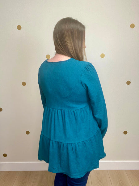 Teal Tiered Puff Sleeve Top