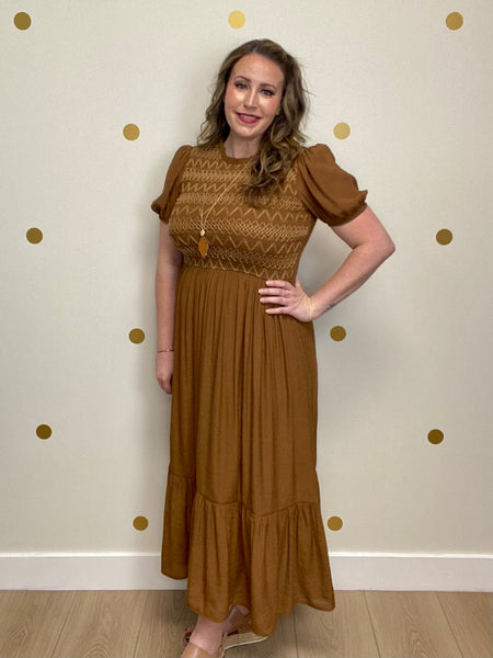 Brown Detailed Smocked Puff Sleeve Midi Dress