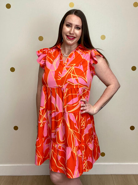 FINAL SALE Coral & Pink Print Tiered Dress