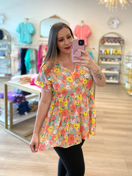 FINAL SALE Pink Floral Tiered Ruffle Sleeve Top
