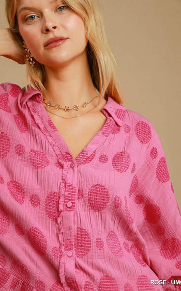 Umgee Pink Dot Button Ruffle Top