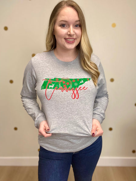 FINAL SALE Gray Tennessee State Tristar Christmas Long Sleeve Tee