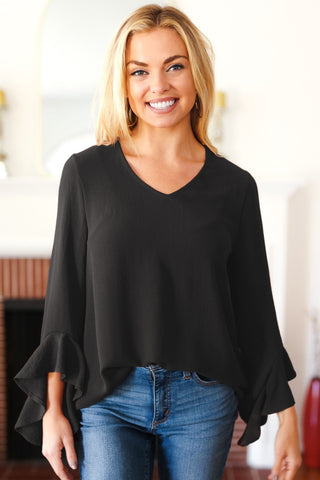 Falling In Love Black Hi-Lo Ruffle Sleeve Woven Top - Online Only!