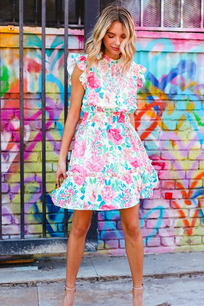Floral Smocked Flutter Sleeve Ruffle Mini Dress - Online Only!