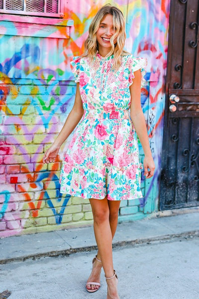 Floral Smocked Flutter Sleeve Ruffle Mini Dress - Online Only!