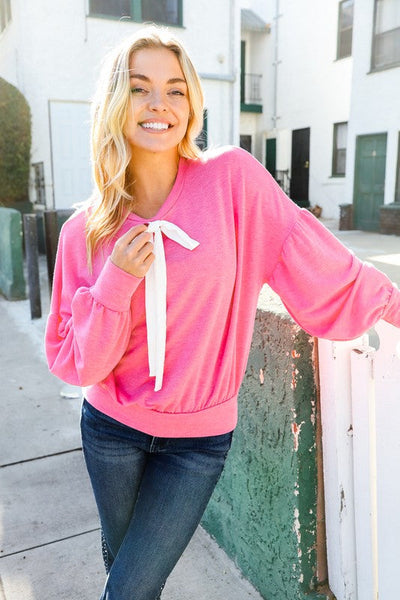 Pretty In Pink French Terry Bow Tie Drop Shoulder Pullover - Online Only!