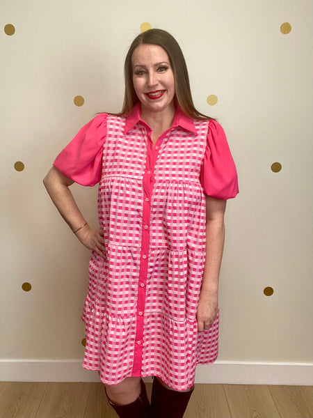 FINAL SALE Pink Gingham Button Up Dress