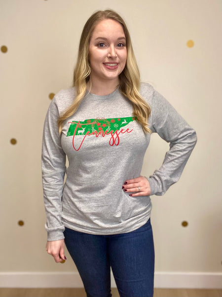 FINAL SALE Gray Tennessee State Tristar Christmas Long Sleeve Tee