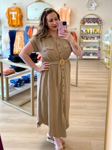 Mocha Collared Button Down Belted Midi Dress