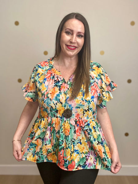 FINAL SALE Umgee Coral Multicolor Floral Tiered Top