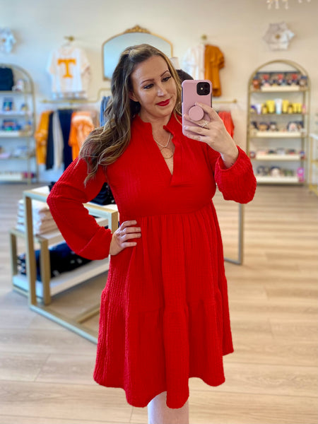 Red Crinkled Tiered Dress