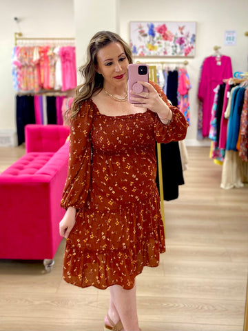 Rust Floral Smocked Tiered Dress