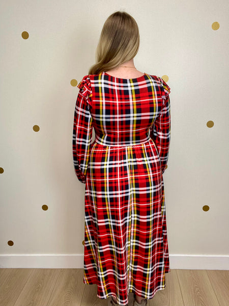 FINAL SALE Red & Black Plaid Shoulder Ruffle Midi Dress