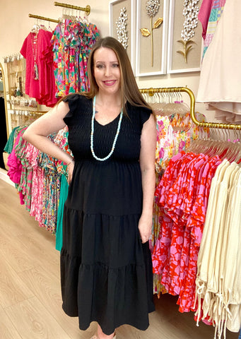 Black Smocked Flutter Sleeve Midi Dress