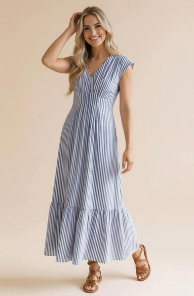 Blue Pleated Striped Smocked Maxi Dress