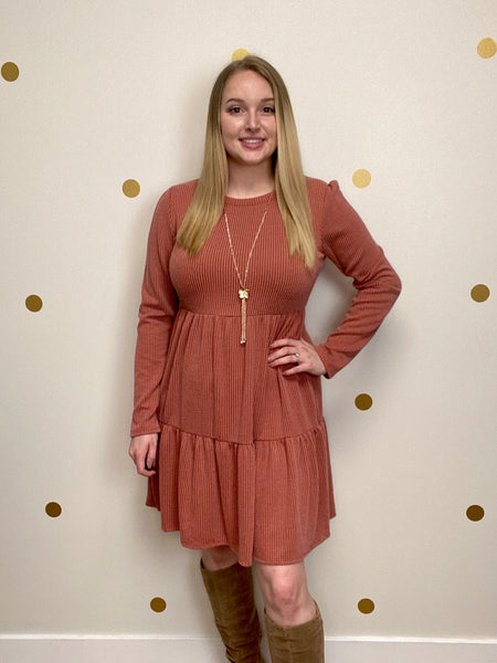 Rust Ribbed Tiered Dress